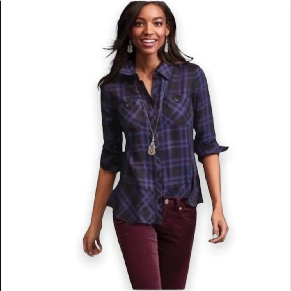 Cabi 3431 moody plaid check top sz sm